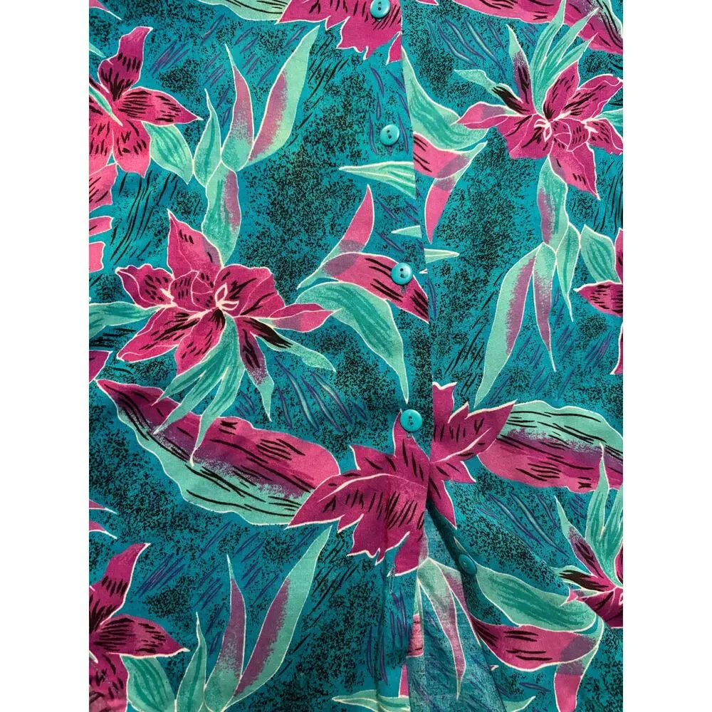 Vntg Floral Short Sleeve Blouse Sz Small Wild Honey Shoulder Pads Rayon Beachy